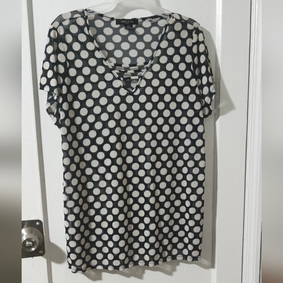 Adele & May sheer short sleeved navy blue & white dots shirt 1X - Picture 1 of 7